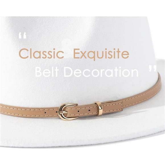 Women Elegant & White Classic Felt Fedora Wide Brim Hat with Belt Buckle main image 6